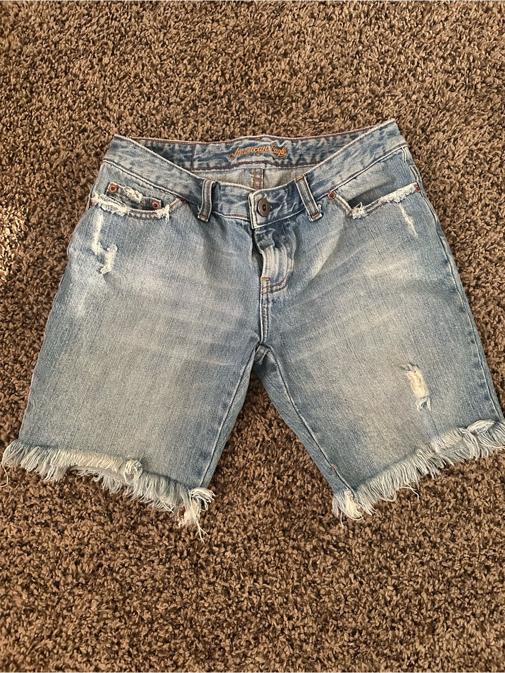 American Eagle-Vintage Early 2000s-Light Wash Distressed Denim Bermuda Shorts